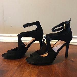Black suede double strap high heels